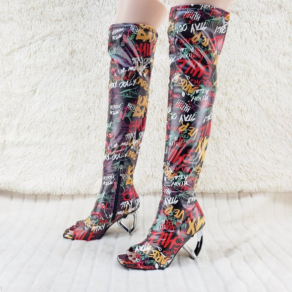 Zen Love Colorful Graffiti Print Over The Knee Boots With Wedge Heart heels - Picture 11 of 16